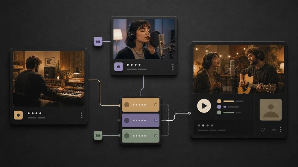 Instrumental and vocal cards merging into a finished song card with layer chips.