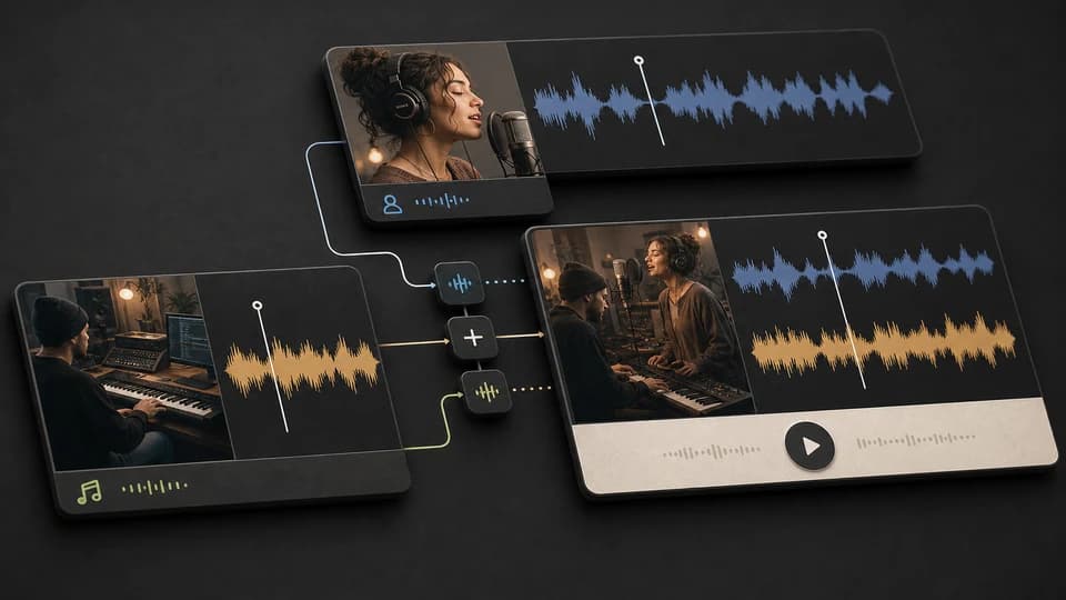 Instrumental and vocal cards merging into a finished song with layered waveforms.