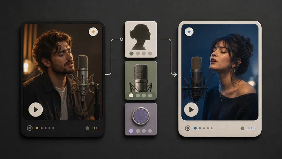 Original singer card transformed into a new cover song singer card without waveform visuals.