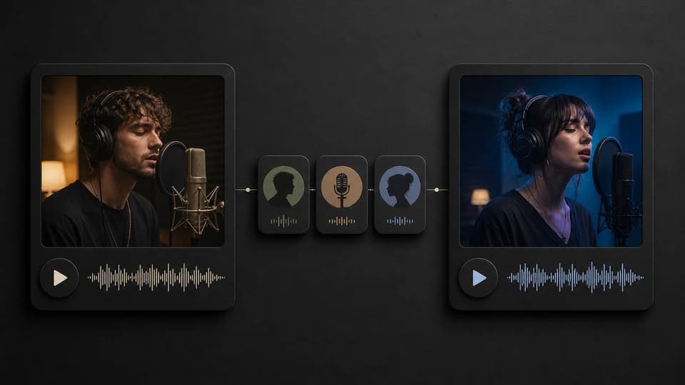 Original vocal song card becoming a new cover song card with a different fictional singer.