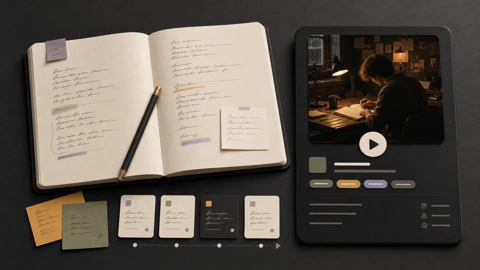 Lyric notebook, verse cards, and a finished song preview without waveform visuals.