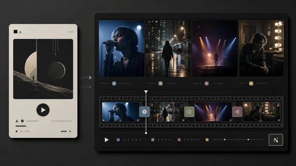 A source song card becoming a generated music video storyboard and timeline without waveform visuals.