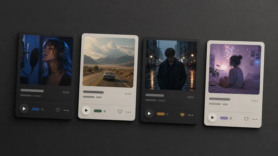 Generated song cards with distinct realistic fictional cover art and minimal player controls.