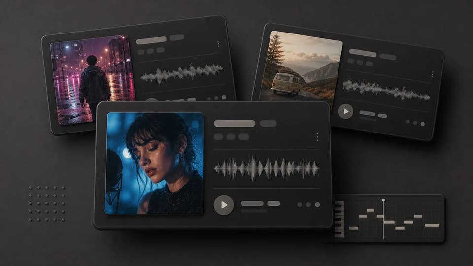 Generated song cards with realistic fictional cover art, waveforms, and a melody strip.