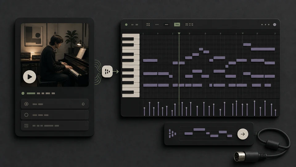 A source song cover converted into an editable piano-roll MIDI card without waveform visuals.