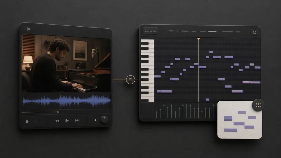 A realistic audio track card converted into an editable piano-roll MIDI card.